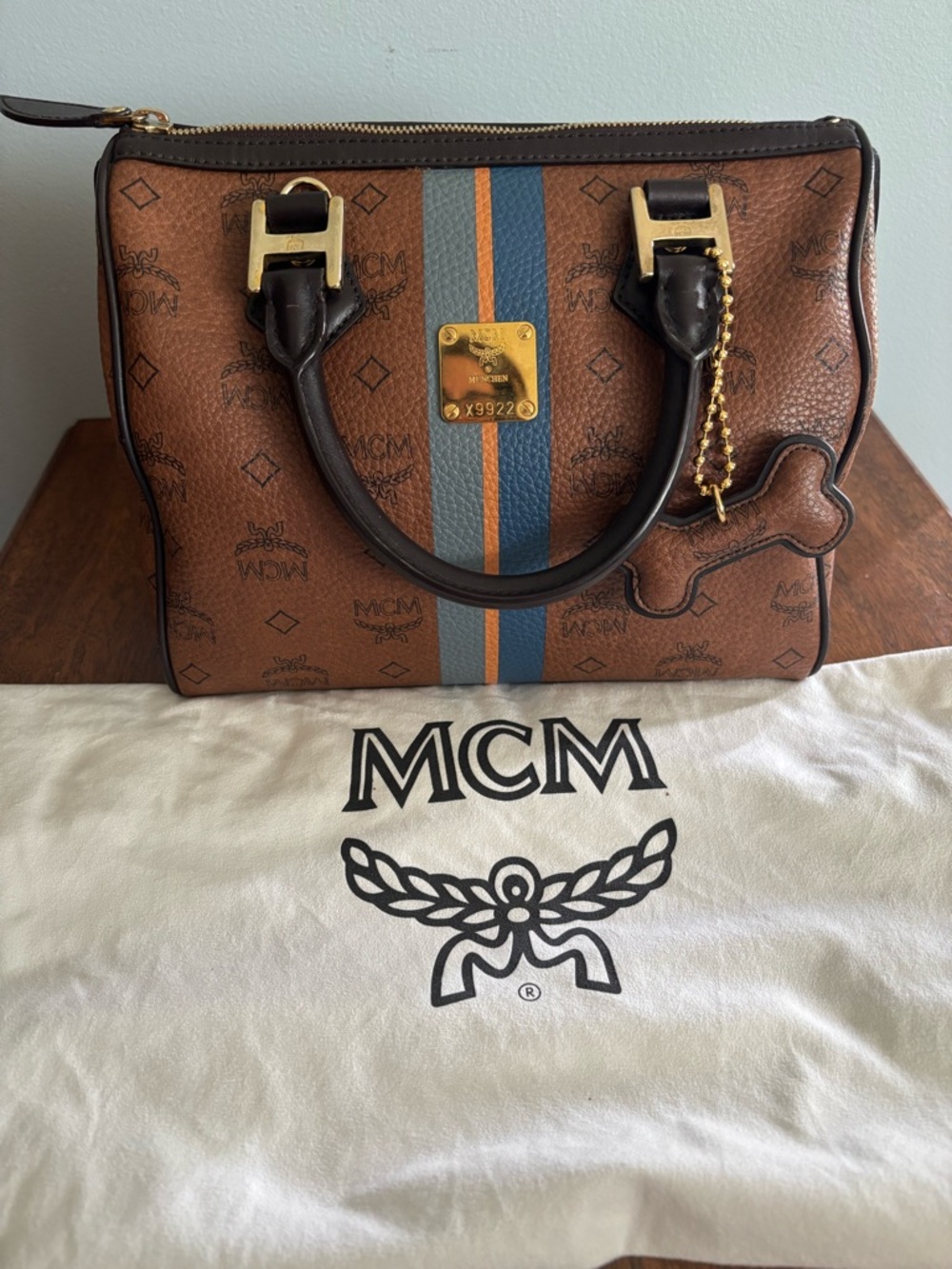 MCM Brown Visetos Satchel with Blue and Orange Stripe